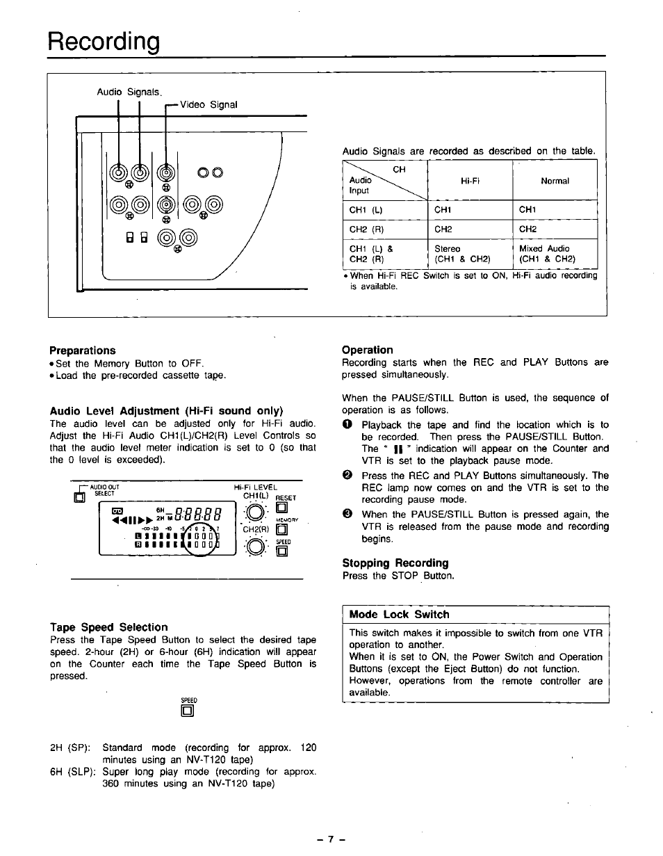 Recording, Preparations, Audio level adjustment (hi-fi sound oniy) | Operation, Stopping recording, Tape speed selection | Panasonic AG-5210 User Manual | Page 7 / 16