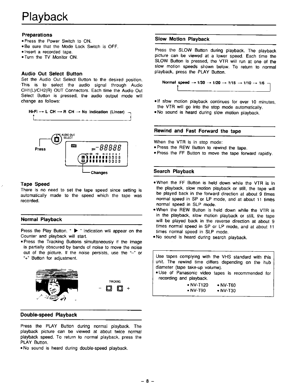 Playback, Preparations, Audio out select button | Slow motion playback, Tape speed, Normal playback, Rewind and fast forward the tape, Search playback, Double-speed playback, 8b88 | Panasonic AG-5210 User Manual | Page 8 / 16