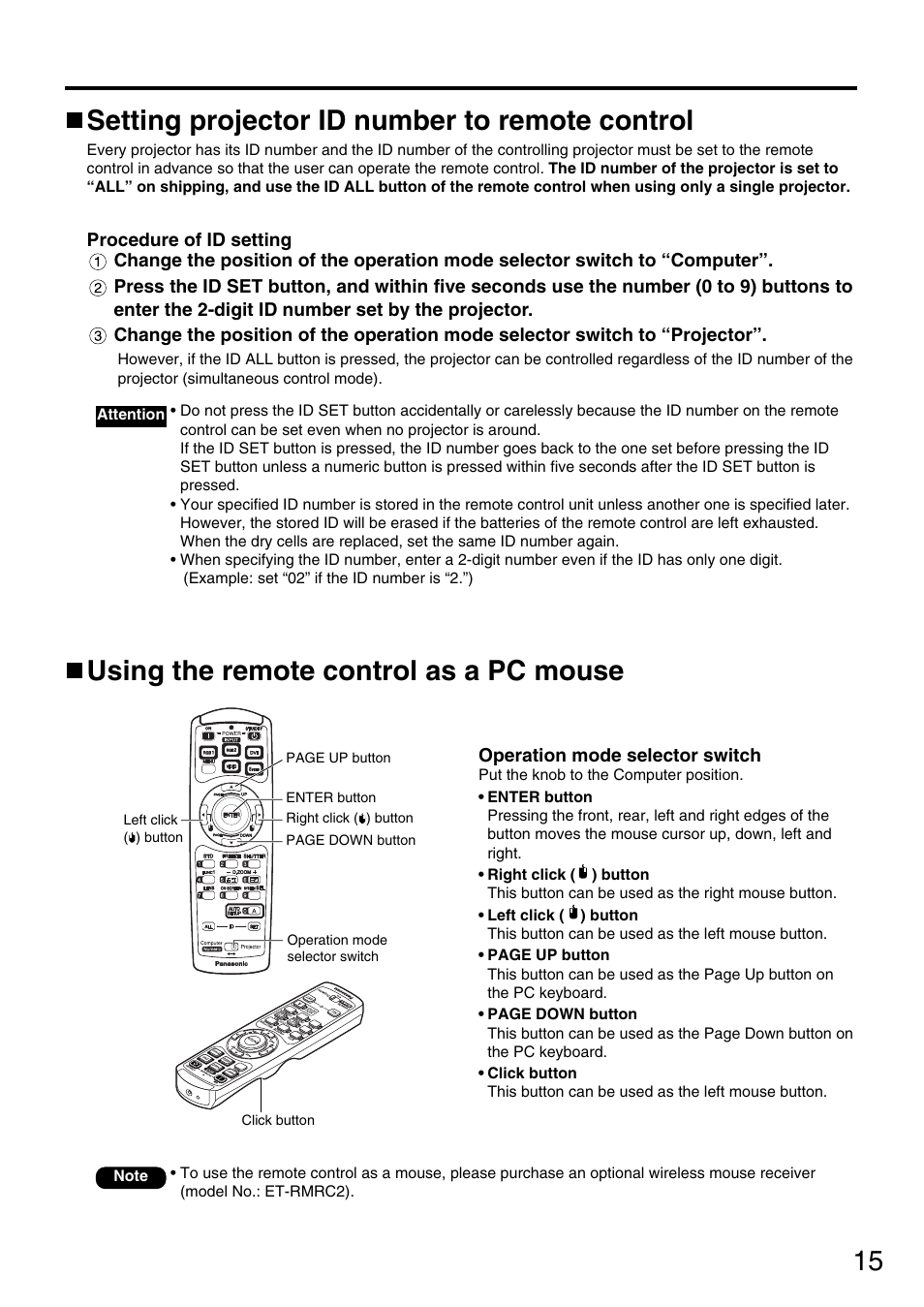 15 using the remote control as a pc mouse, Setting projector id number to remote control | Panasonic PT-DW5000UL User Manual | Page 15 / 68
