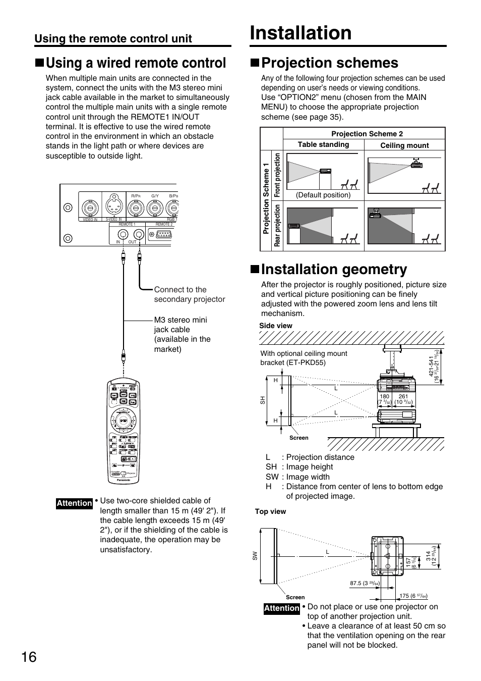 Installation, 16 using a wired remote control, Installation geometry | Projection schemes, Using the remote control unit | Panasonic PT-DW5000UL User Manual | Page 16 / 68