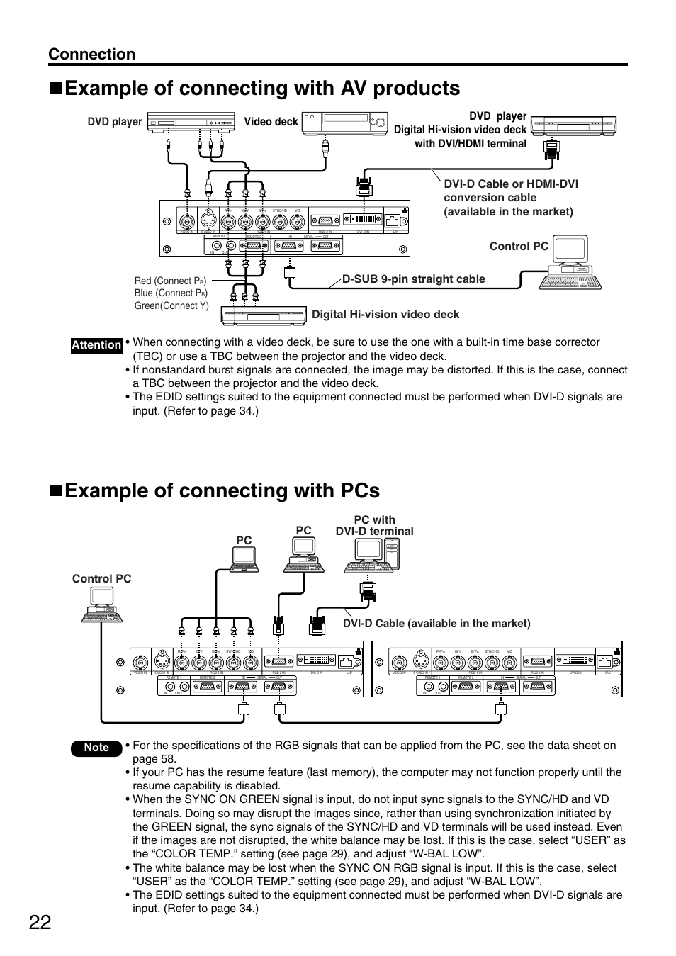 Example of connecting with pcs, Example of connecting with av products, Connection | Red (connect p, Blue (connect p, Green(connect y) | Panasonic PT-DW5000UL User Manual | Page 22 / 68