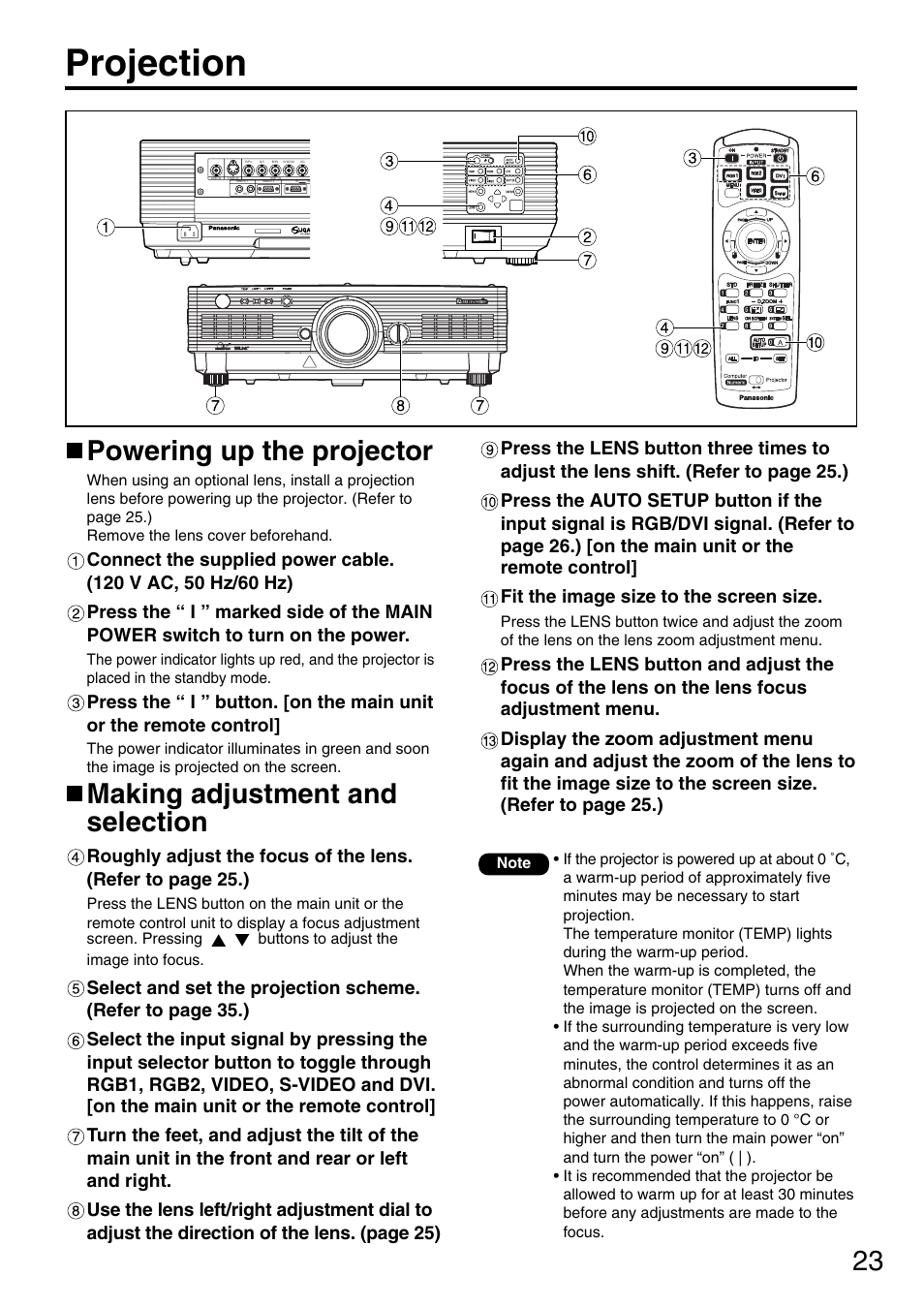 Projection, Powering up the projector, Making adjustment and selection | Panasonic PT-DW5000UL User Manual | Page 23 / 68
