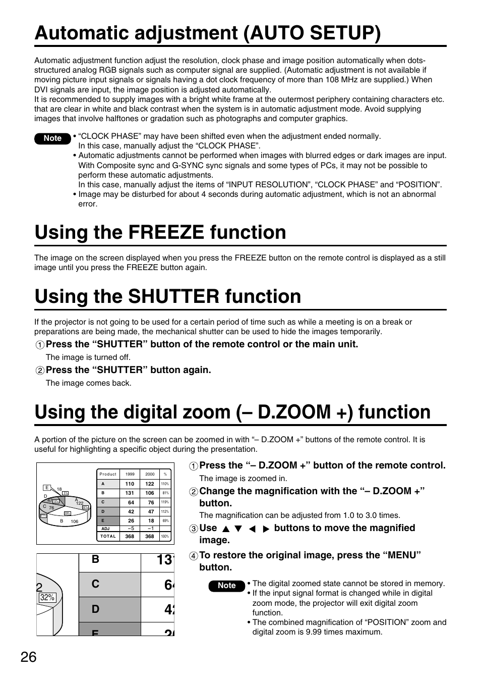 Using the digital zoom (– d.zoom +) function, Automatic adjustment (auto setup), Using the freeze function | Using the shutter function, Bc d e, Press the “shutter” button again | Panasonic PT-DW5000UL User Manual | Page 26 / 68