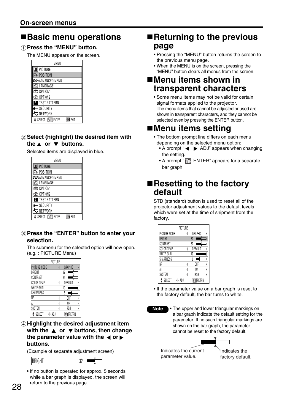 Basic menu operations, Returning to the previous page, Menu items shown in transparent characters | Menu items setting, Resetting to the factory default, On-screen menus, Bright 32 | Panasonic PT-DW5000UL User Manual | Page 28 / 68