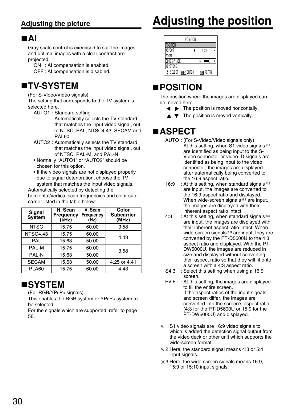 Adjusting the position, Position, Aspect | Tv-system, System, Adjusting the picture | Panasonic PT-DW5000UL User Manual | Page 30 / 68