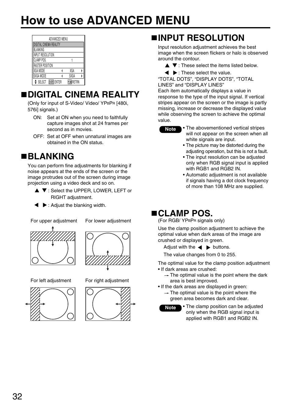 How to use advanced menu, Input resolution, Clamp pos | Digital cinema reality, Blanking | Panasonic PT-DW5000UL User Manual | Page 32 / 68