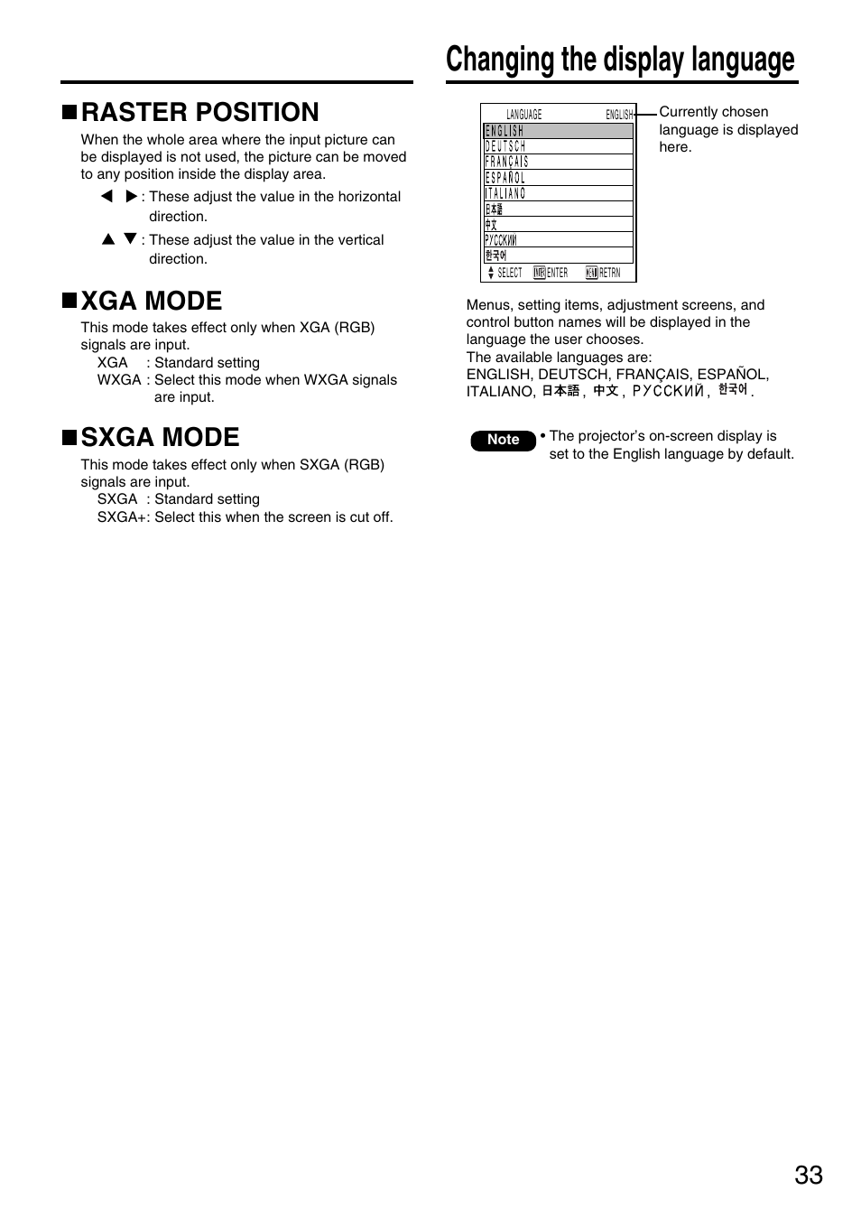 Changing the display language, Raster position, Xga mode | Sxga mode | Panasonic PT-DW5000UL User Manual | Page 33 / 68