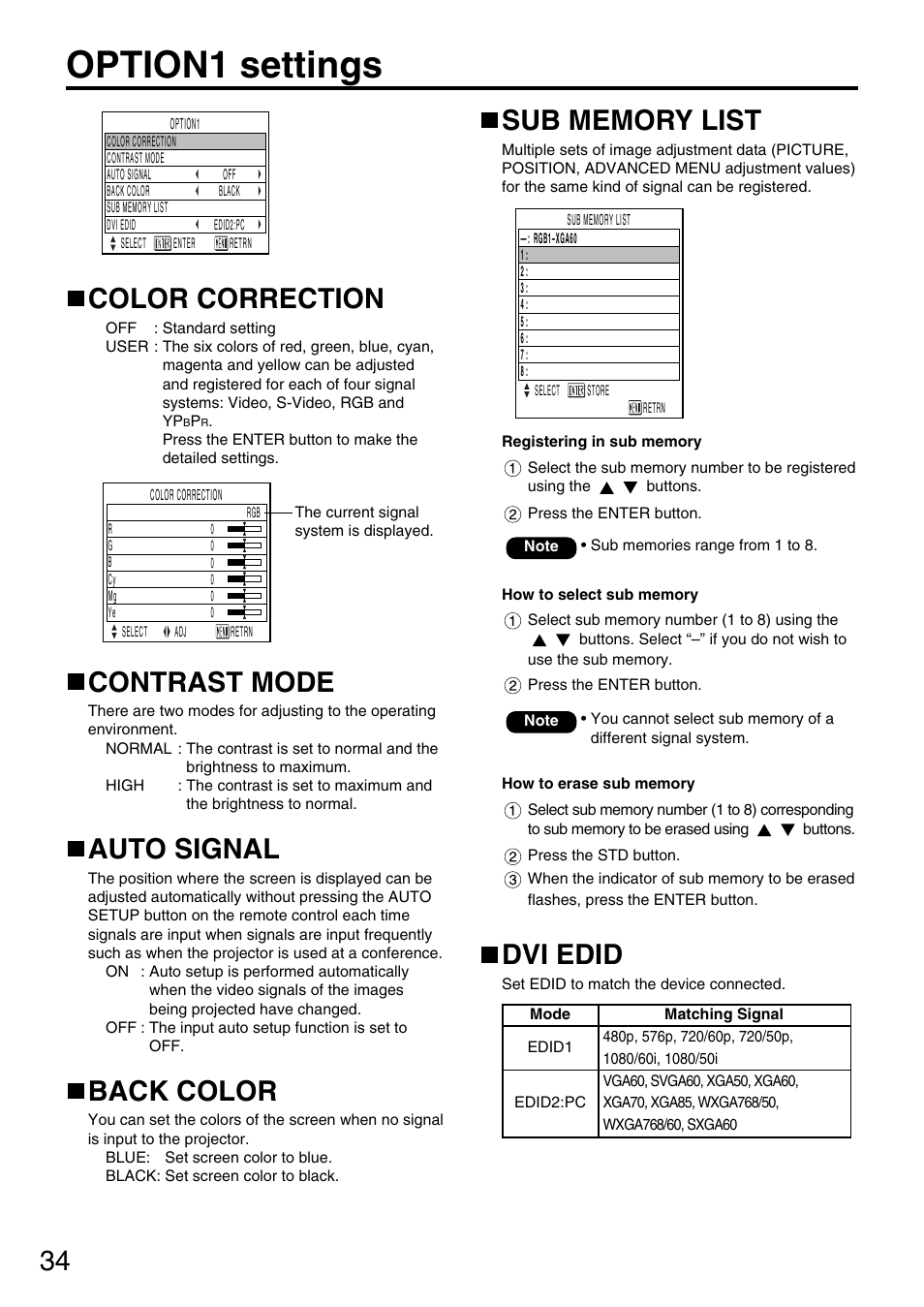 Option1 settings, Color correction, Contrast mode | Auto signal, Back color, Dvi edid | Panasonic PT-DW5000UL User Manual | Page 34 / 68