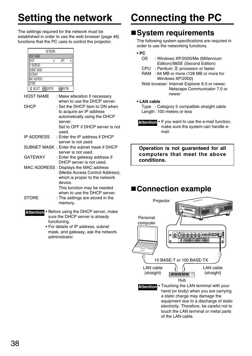 Setting the network, Connecting the pc, System requirements | Connection example | Panasonic PT-DW5000UL User Manual | Page 38 / 68