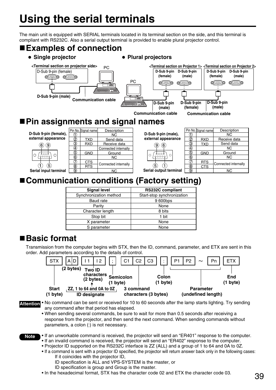 Using the serial terminals, Examples of connection, Single projector plural projectors | Panasonic PT-DW5000UL User Manual | Page 39 / 68