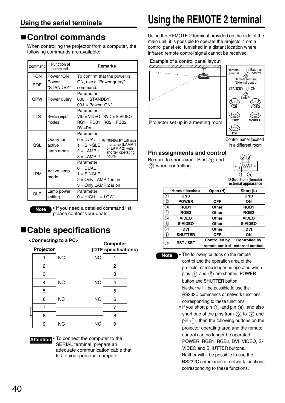 Using the remote 2 terminal, Cable specifications control commands, Using the serial terminals | Pin assignments and control | Panasonic PT-DW5000UL User Manual | Page 40 / 68