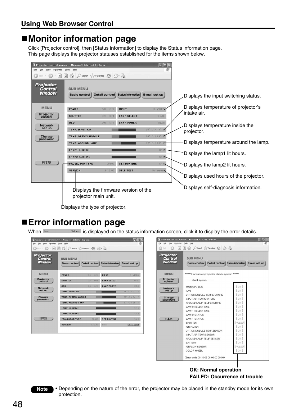 Error information page, Monitor information page, Using web browser control | Panasonic PT-DW5000UL User Manual | Page 48 / 68
