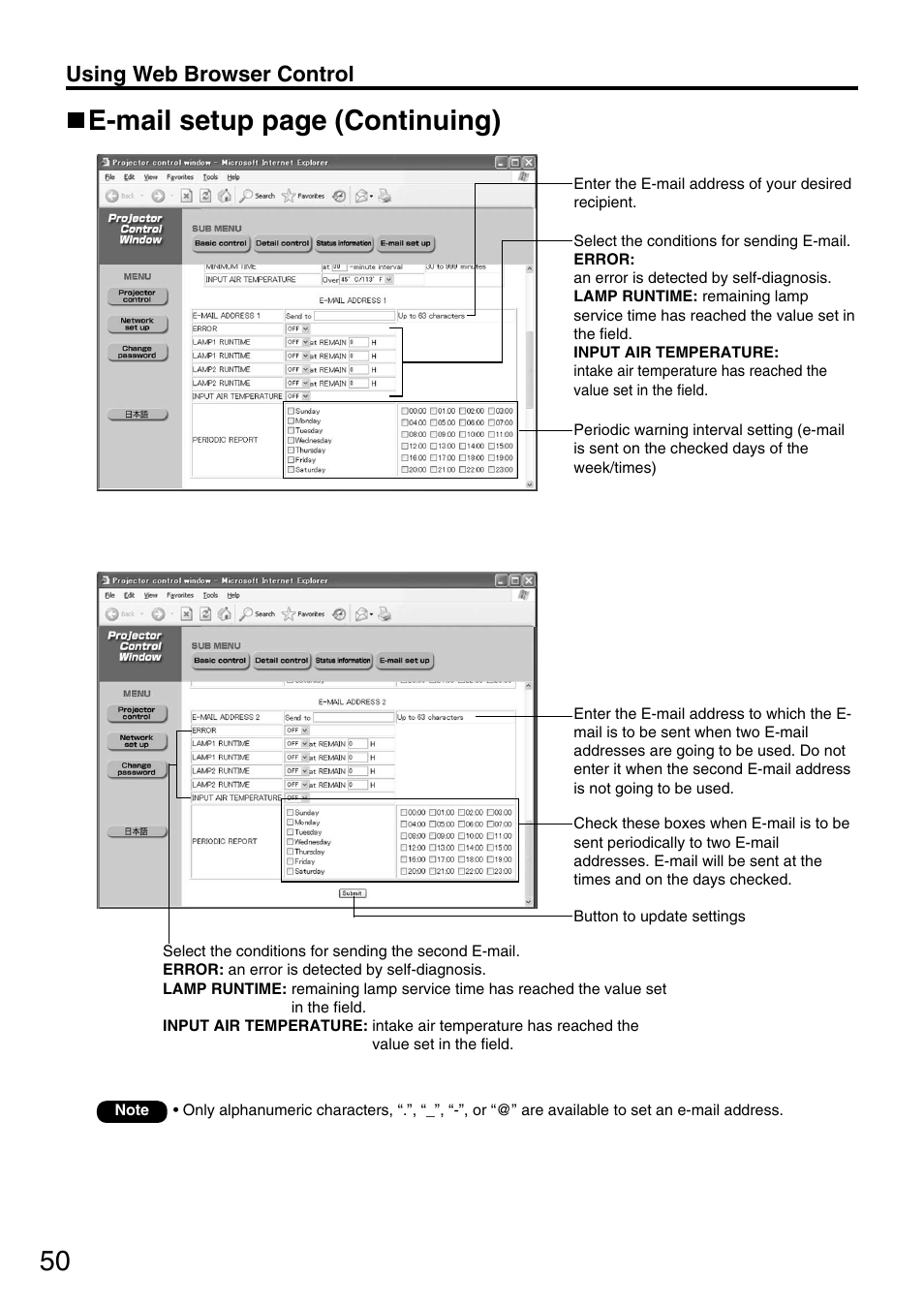 E-mail setup page (continuing), Using web browser control | Panasonic PT-DW5000UL User Manual | Page 50 / 68