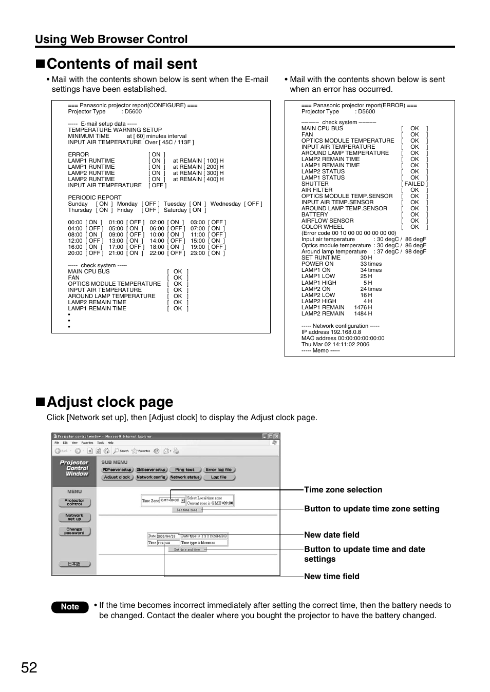 Contents of mail sent, Adjust clock page, Using web browser control | Panasonic PT-DW5000UL User Manual | Page 52 / 68