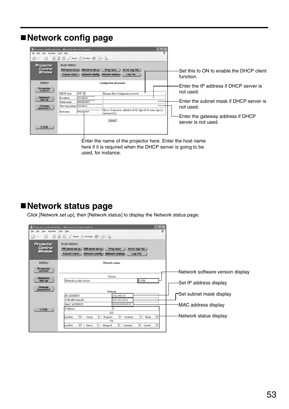 53 network config page, Network status page | Panasonic PT-DW5000UL User Manual | Page 53 / 68