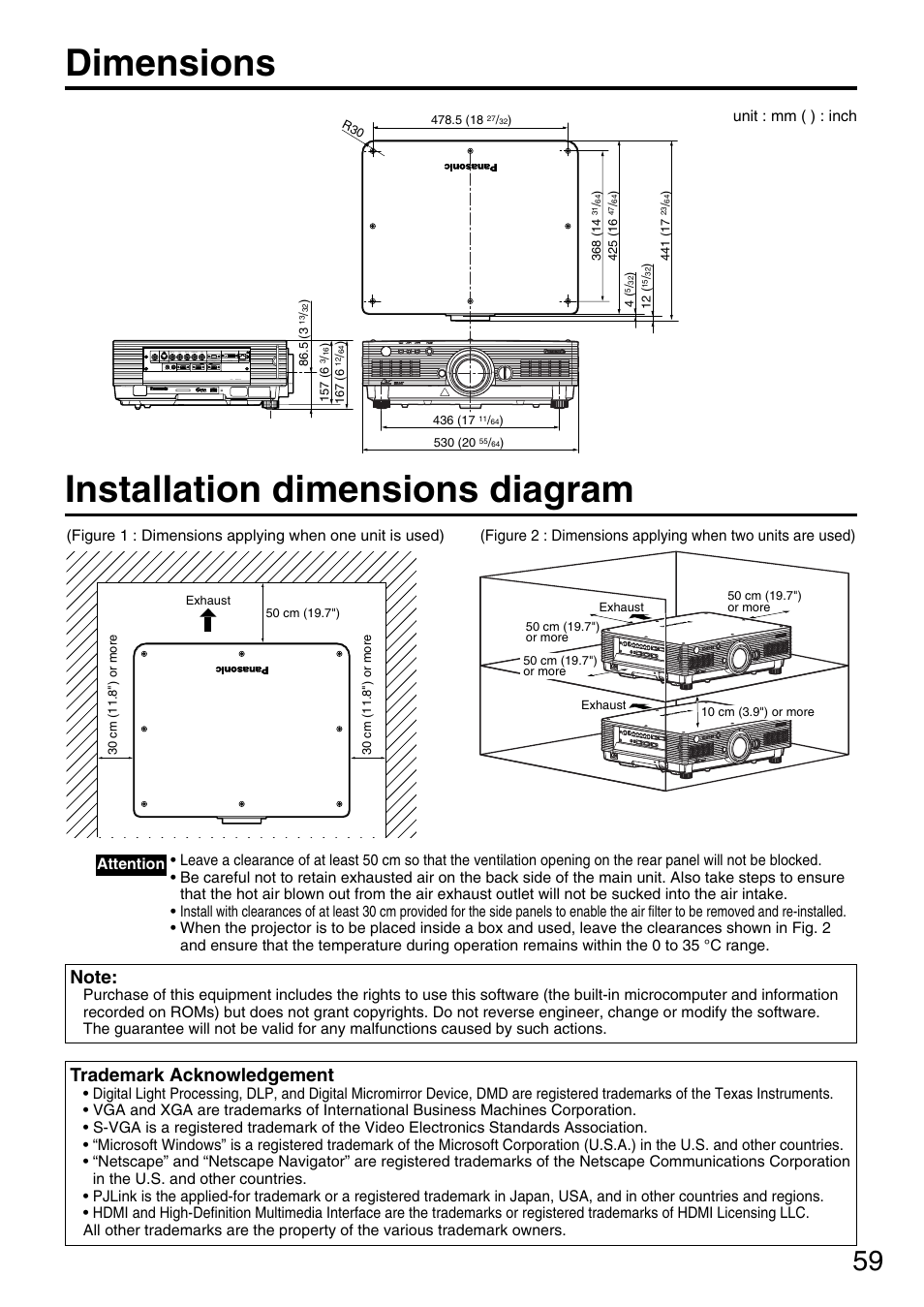 Dimensions, Installation dimensions diagram, Trademark acknowledgement | Panasonic PT-DW5000UL User Manual | Page 59 / 68