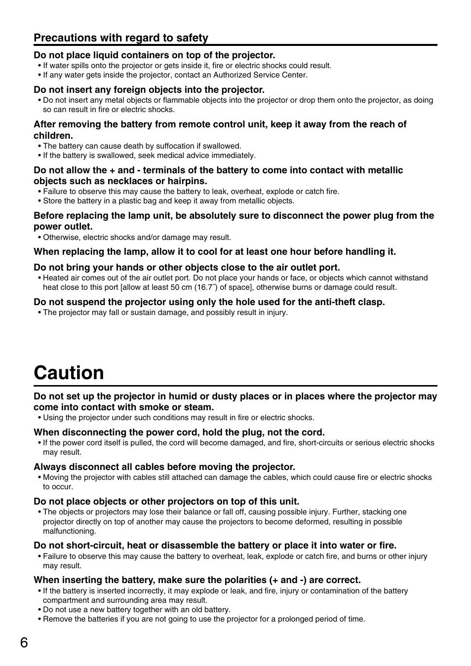 Caution, Precautions with regard to safety | Panasonic PT-DW5000UL User Manual | Page 6 / 68