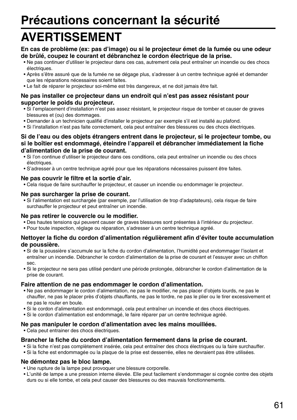 Précautions concernant la sécurité avertissement | Panasonic PT-DW5000UL User Manual | Page 61 / 68