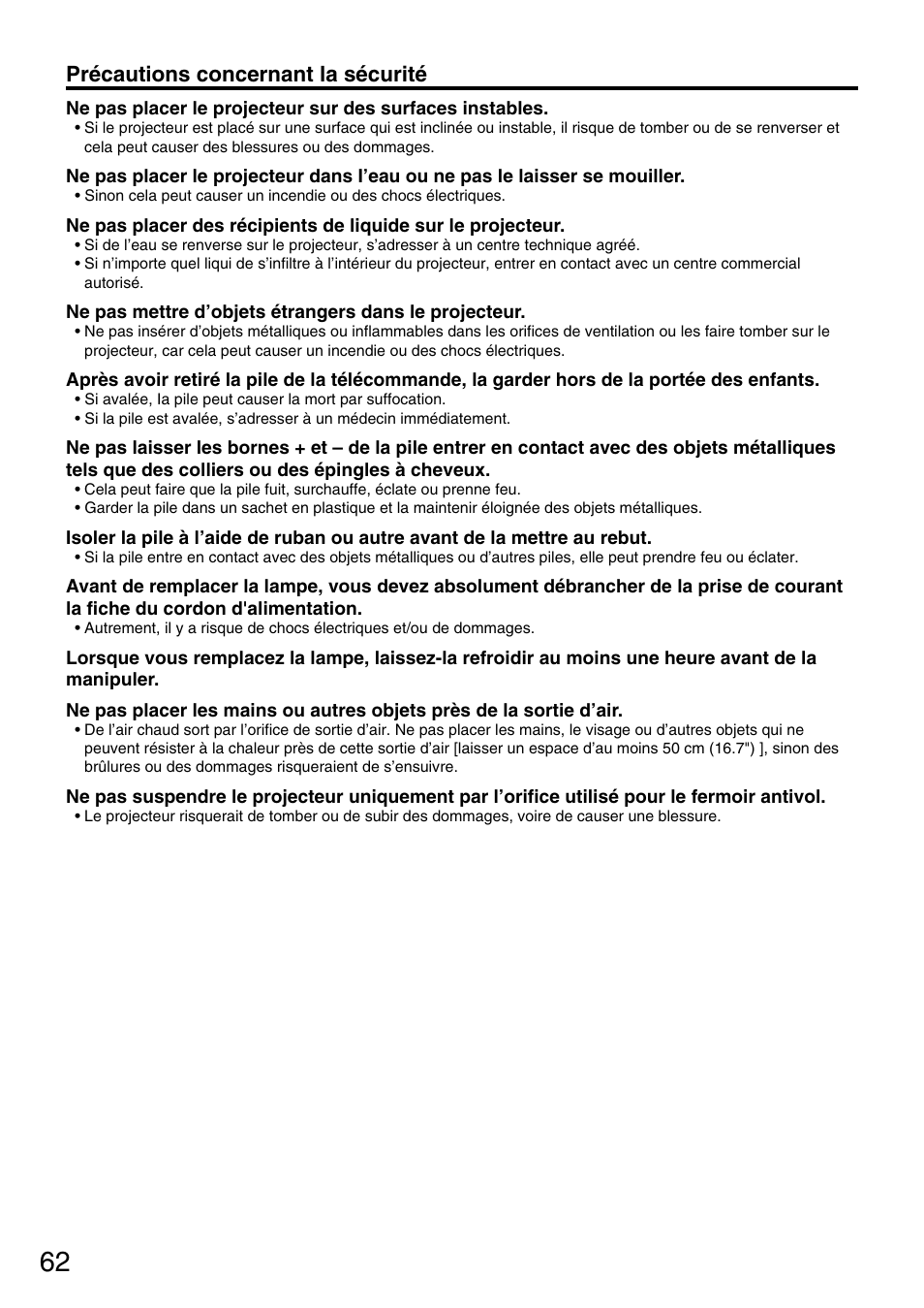 Précautions concernant la sécurité | Panasonic PT-DW5000UL User Manual | Page 62 / 68