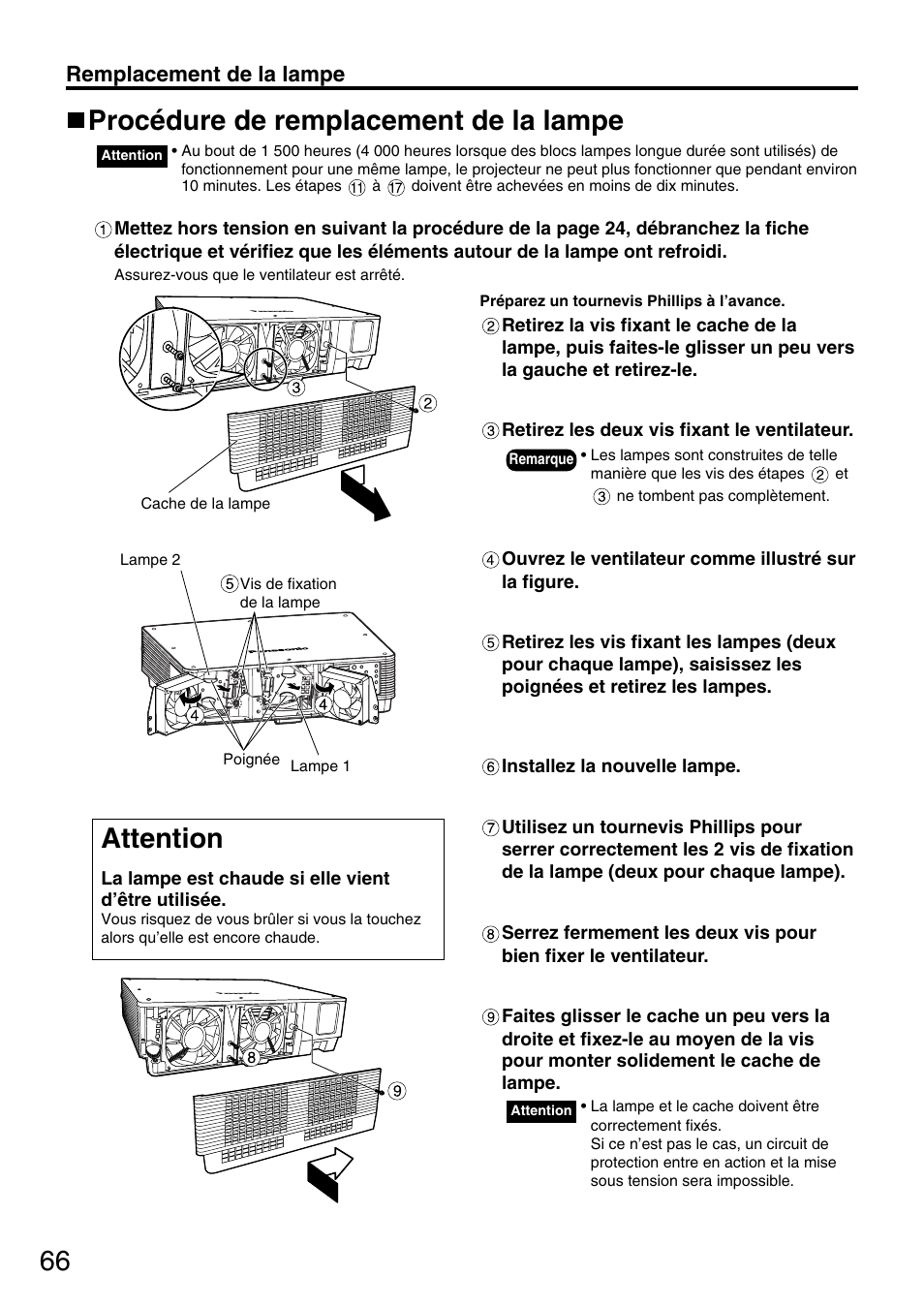 Procédure de remplacement de la lampe, Attention, Remplacement de la lampe | Panasonic PT-DW5000UL User Manual | Page 66 / 68