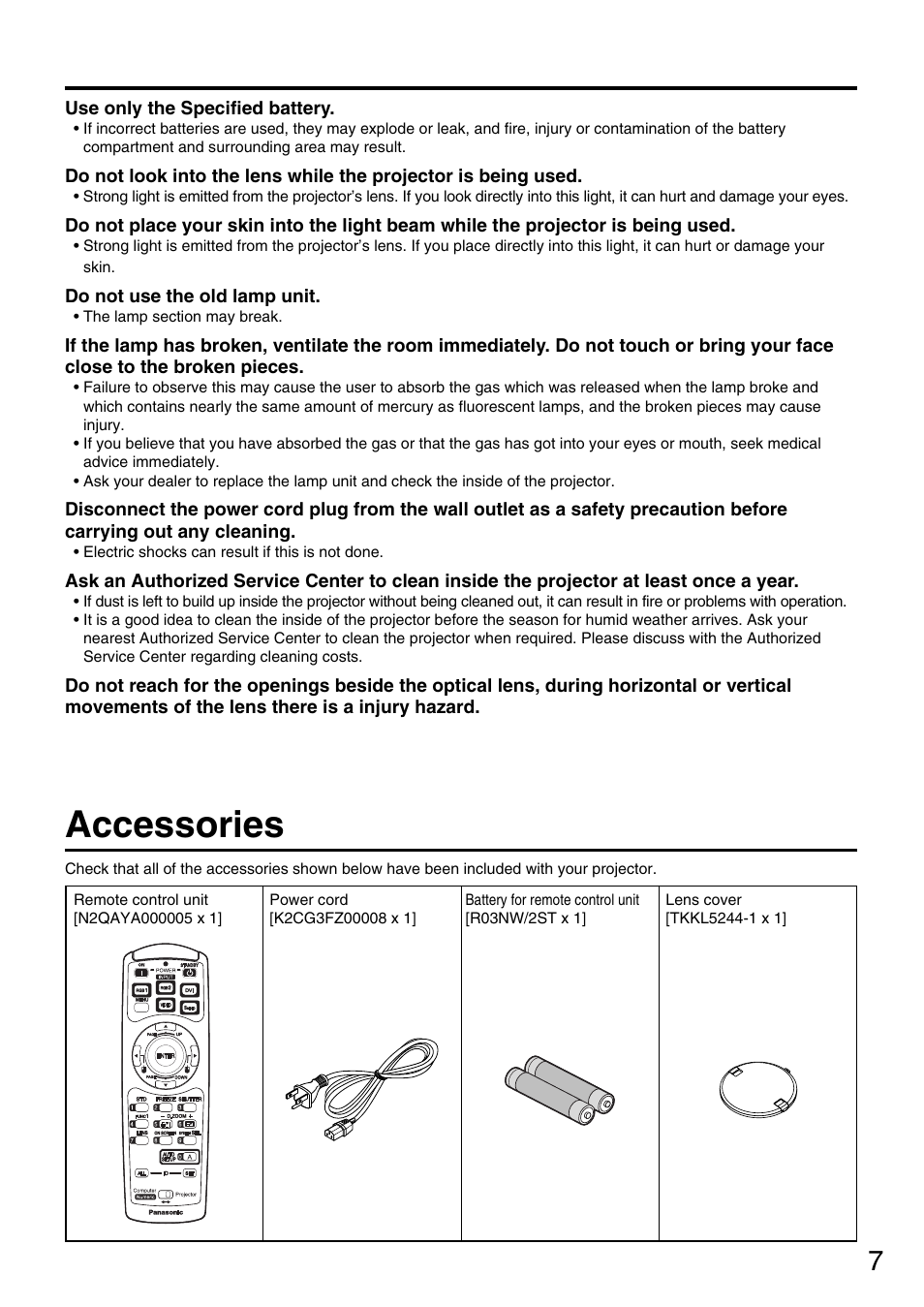 Accessories | Panasonic PT-DW5000UL User Manual | Page 7 / 68
