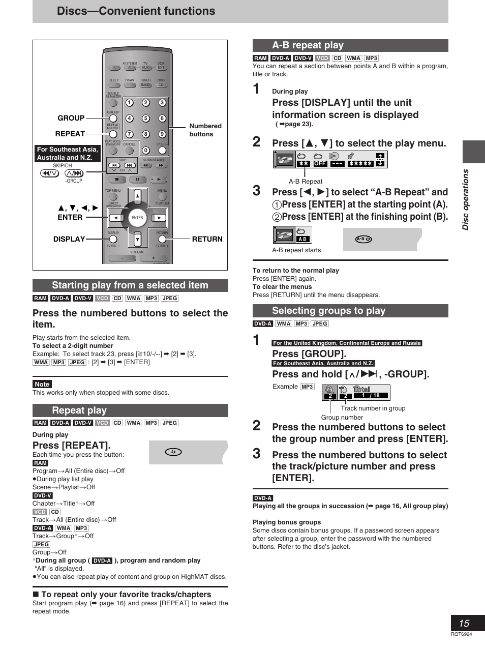 Discs—convenient functions, Starting play from a selected item, Press the numbered buttons to select the item | Repeat play, Press [repeat, A-b repeat play, Press [ 3 , 4 ] to select the play menu, Selecting groups to play, Press [group, Disc operations | Panasonic SC-DT310  EN User Manual | Page 15 / 40