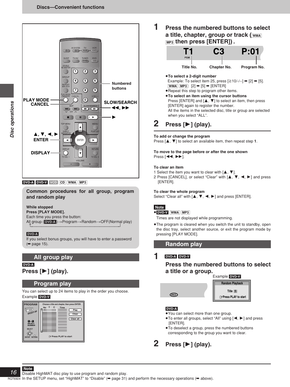 T1 c3 p:01, All group play, Press [ 1 ] (play) | Then press [enter]), Random play, Program play, Disc operations, Discs—convenient functions | Panasonic SC-DT310  EN User Manual | Page 16 / 40