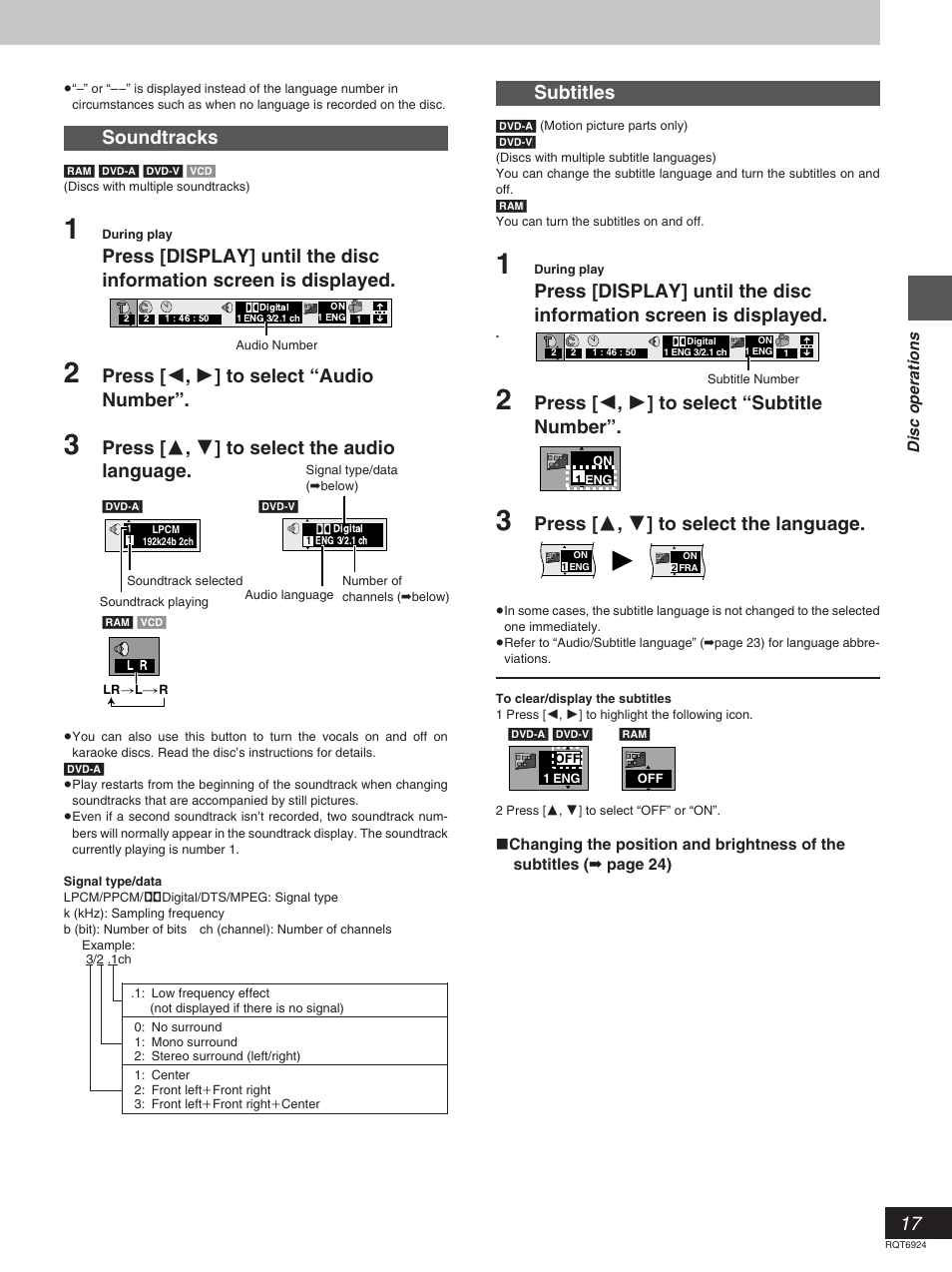 Soundtracks, Press [ 2 , 1 ] to select “audio number, Press [ 3 , 4 ] to select the audio language | Subtitles, Press [ 2 , 1 ] to select “subtitle number, Press [ 3 , 4 ] to select the language | Panasonic SC-DT310  EN User Manual | Page 17 / 40