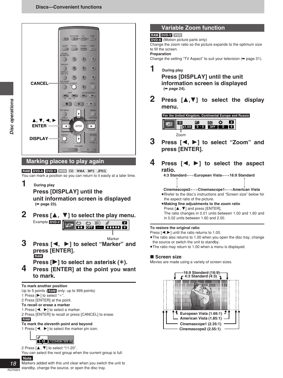 Marking places to play again, Press [ 3 , 4 ] to select the play menu, Press [enter] at the point you want to mark | Variable zoom function, Press [ 3 , 4 ] to select the display menu, Press [ 2 , 1 ] to select “zoom” and press [enter, Press [ 2 , 1 ] to select the aspect ratio, Disc operations, Discs—convenient functions, Screen size | Panasonic SC-DT310  EN User Manual | Page 18 / 40