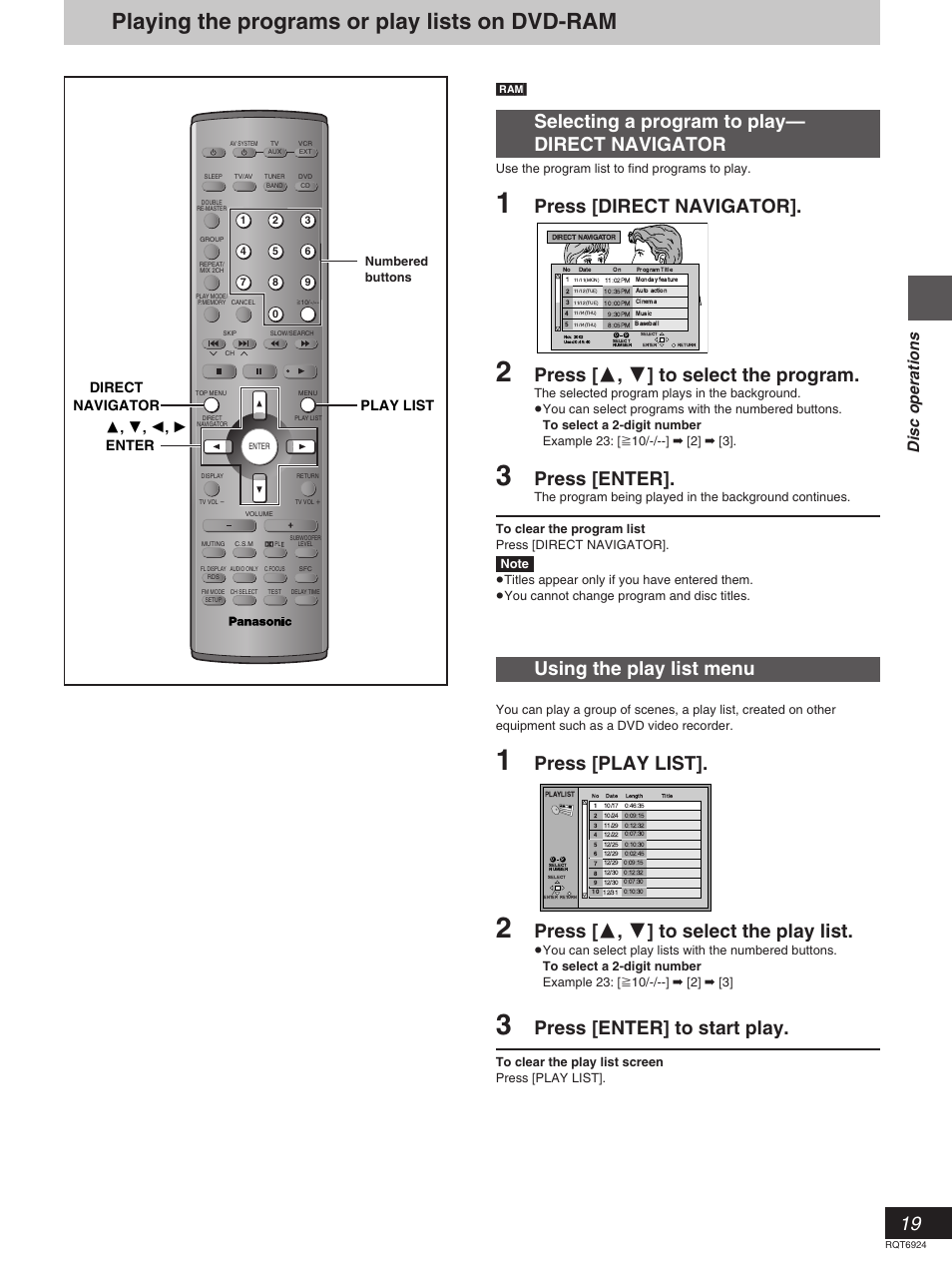 Playing the programs or play lists on dvd-ram, Using the play list menu, Press [play list | Press [ 3 , 4 ] to select the play list, Press [enter] to start play, Selecting a program to play— direct navigator, Press [direct navigator, Press [ 3 , 4 ] to select the program, Press [enter, Disc operations | Panasonic SC-DT310  EN User Manual | Page 19 / 40