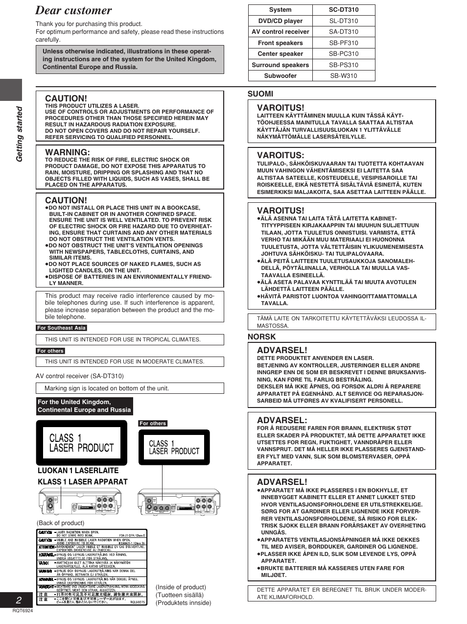 Dear customer, Varoitus, Caution | Advarsel, Warning, Getting started, Suomi, Norsk, Luokan 1 laserlaite klass 1 laser apparat | Panasonic SC-DT310  EN User Manual | Page 2 / 40