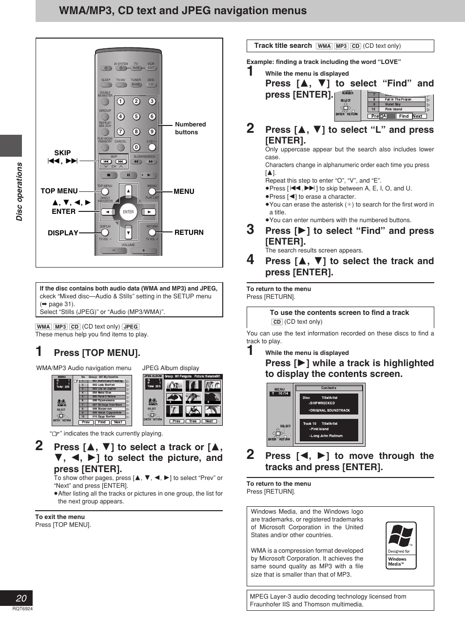 Wma/mp3, cd text and jpeg navigation menus, Press [top menu, Press [ 3 , 4 ] to select “find” and press [enter | Press [ 3 , 4 ] to select “l” and press [enter, Press [ 1 ] to select “find” and press [enter, Disc operations, Track title search | Panasonic SC-DT310  EN User Manual | Page 20 / 40