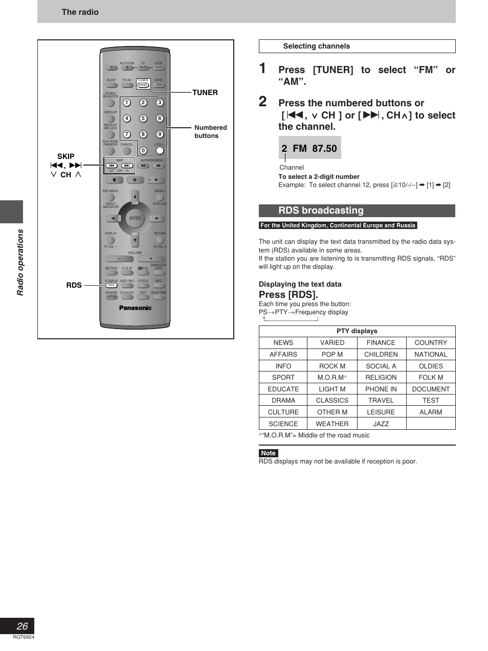 Press [rds, Press [tuner] to select “fm” or “am, Ch ] or [ 9 | Radio operations, The radio | Panasonic SC-DT310  EN User Manual | Page 26 / 40