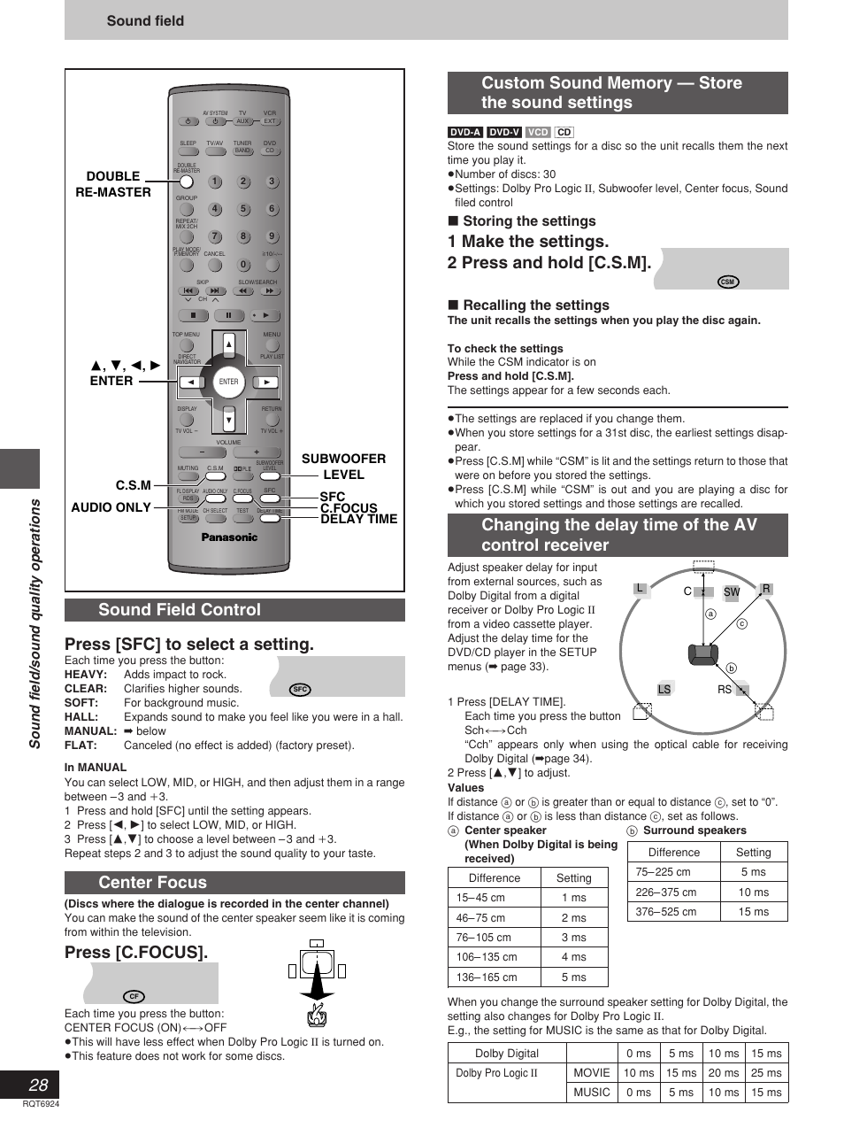 1 make the settings. 2 press and hold [c.s.m, Center focus, Press [c.focus | Changing the delay time of the av control receiver, Sound field/sound quality operations, Storing the settings, Recalling the settings, Sound field | Panasonic SC-DT310  EN User Manual | Page 28 / 40