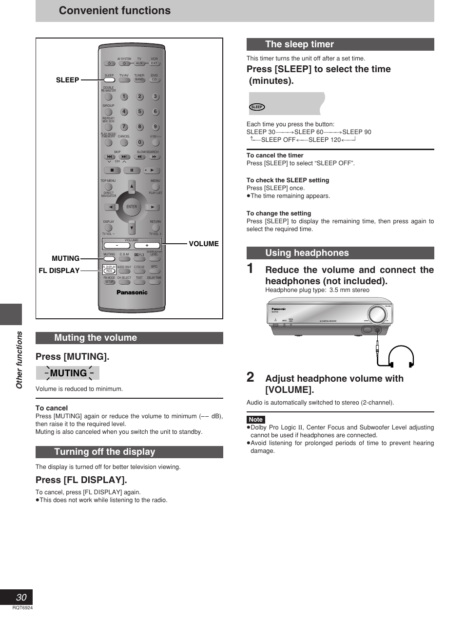Convenient functions, The sleep timer, Press [sleep] to select the time (minutes) | Using headphones, Adjust headphone volume with [volume, Muting the volume press [muting, Turning off the display, Press [fl display, Muting, Other functions | Panasonic SC-DT310  EN User Manual | Page 30 / 40