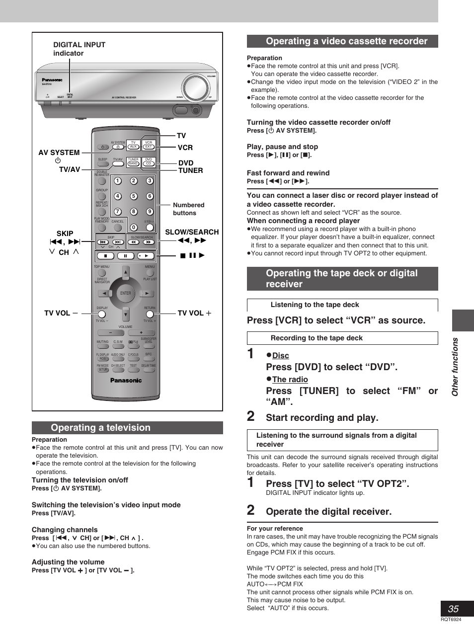 Operating a video cassette recorder, Operating a television, Operating the tape deck or digital receiver | Press [vcr] to select “vcr” as source, Press [dvd] to select “dvd, Press [tuner] to select “fm” or “am, Start recording and play, Press [tv] to select “tv opt2, Operate the digital receiver, Other functions | Panasonic SC-DT310  EN User Manual | Page 35 / 40