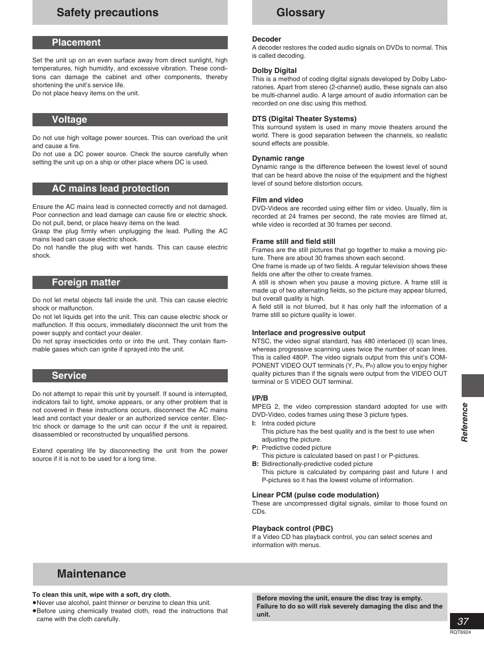 Glossary safety precautions, Maintenance, Placement | Voltage, Ac mains lead protection, Foreign matter, Service | Panasonic SC-DT310  EN User Manual | Page 37 / 40