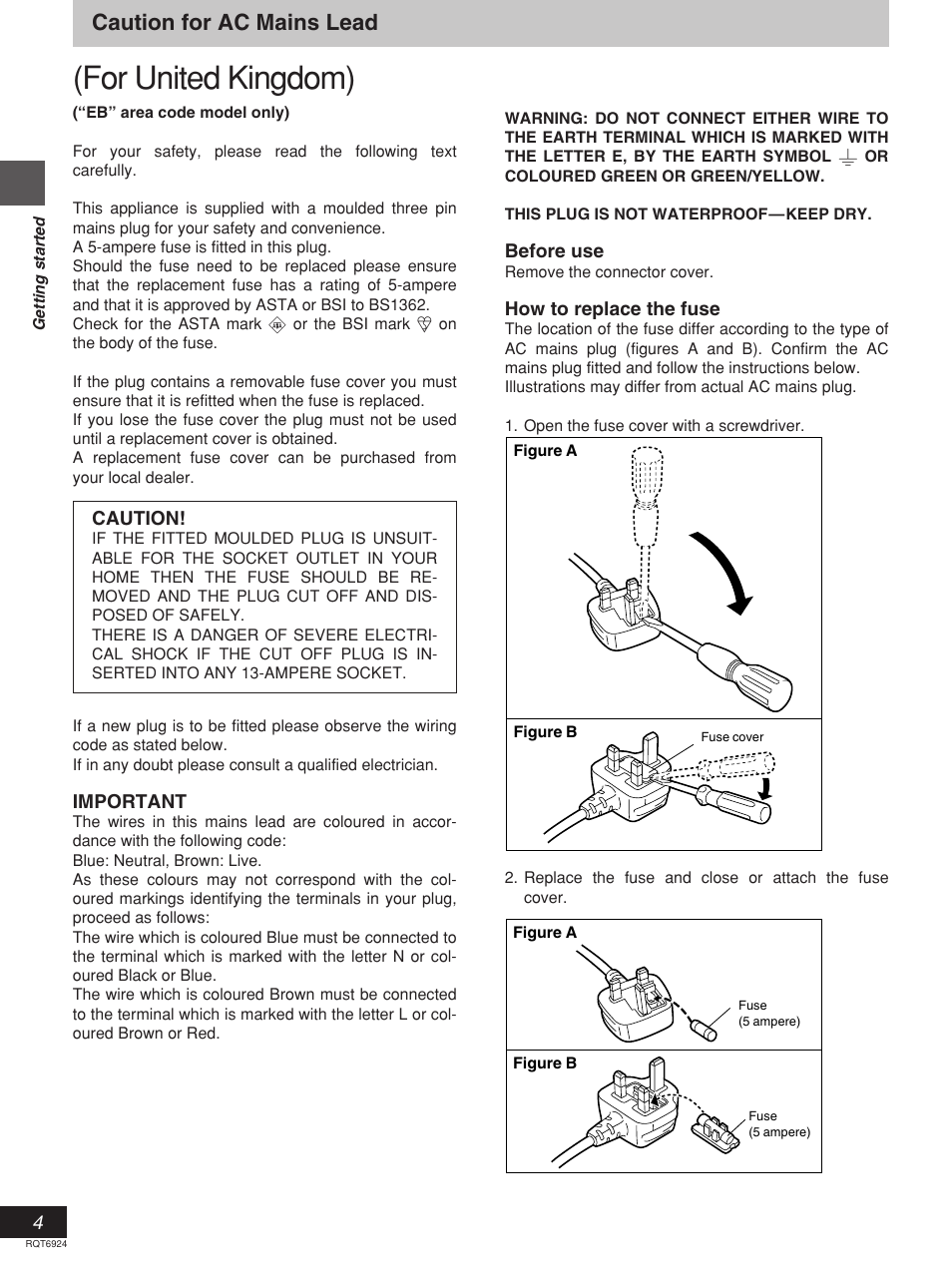 For united kingdom), Caution for ac mains lead | Panasonic SC-DT310  EN User Manual | Page 4 / 40