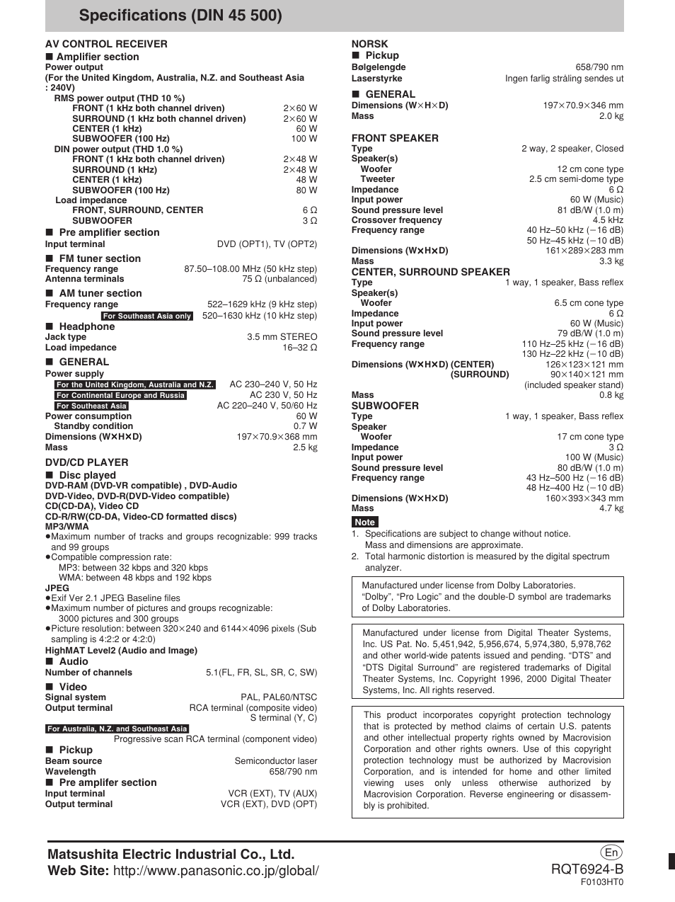 Rqt6924-b | Panasonic SC-DT310  EN User Manual | Page 40 / 40