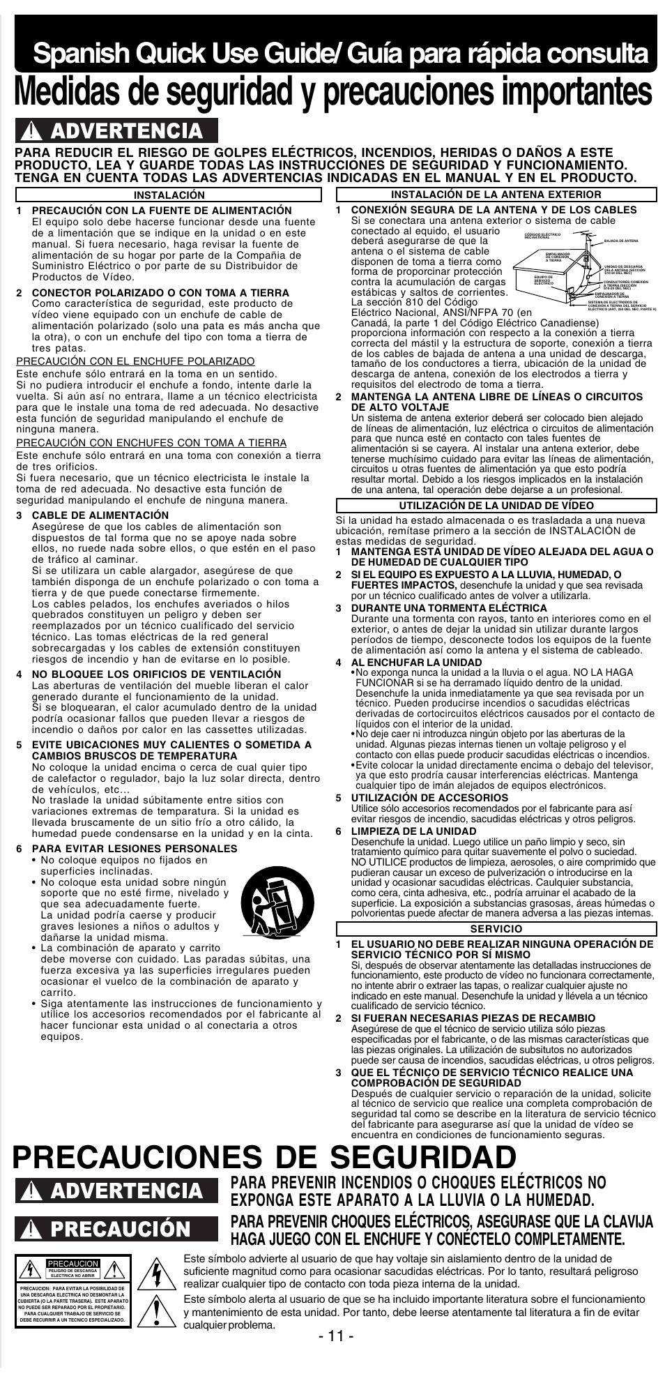 Medidas de seguridad y precauciones importantes, Precauciones de seguridad, Spanish quick use guide/ guía para rápida consulta | Panasonic PV-V4525S User Manual | Page 11 / 24