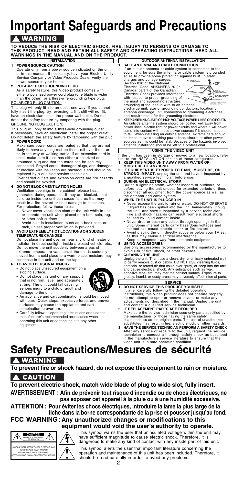 Important safeguards and precautions, Safety precautions/mesures de sécurité, Avertissement | Attention, Fcc warning | Panasonic PV-V4525S User Manual | Page 2 / 24