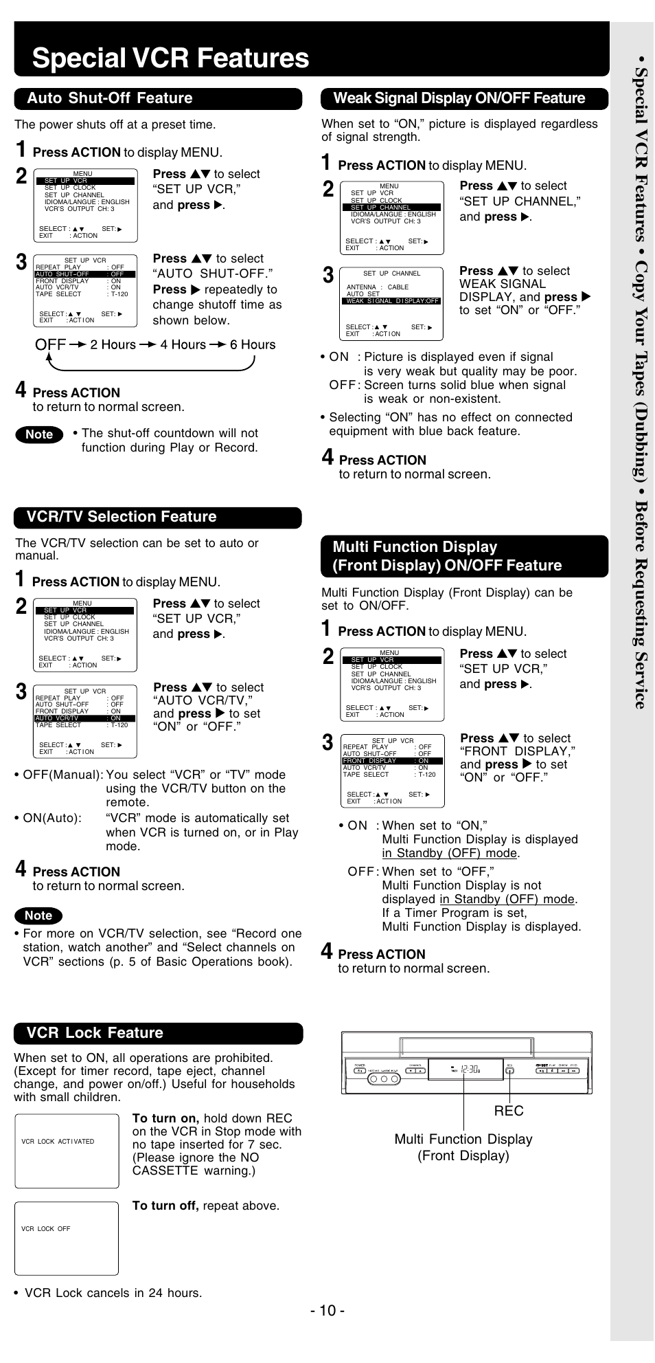 Special vcr features, Vcr/tv selection feature, Auto shut-off feature | Weak signal display on/off feature, Vcr lock feature, Multi function display (front display) | Panasonic PV-V4525S User Manual | Page 22 / 24