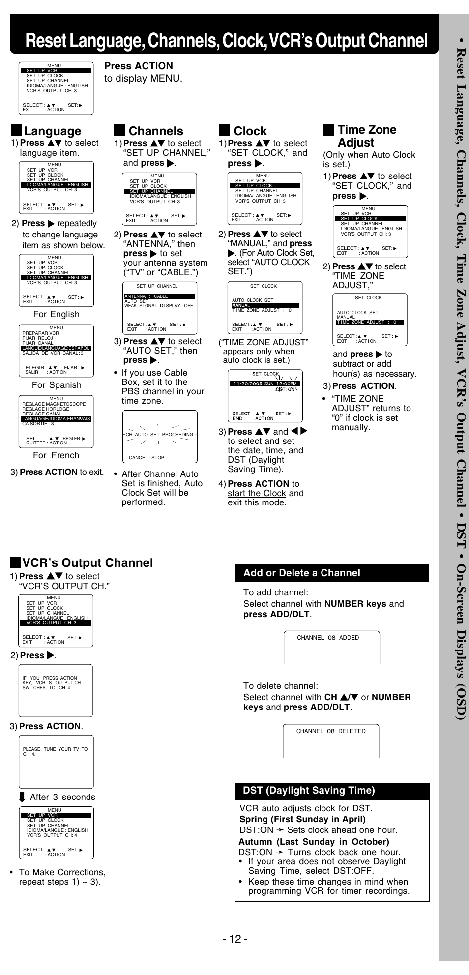 Language, Channels, Clock | Vcr’s output channel, Time zone adjust, Press action to display menu, Add or delete a channel, Dst (daylight saving time) | Panasonic PV-V4525S User Manual | Page 24 / 24