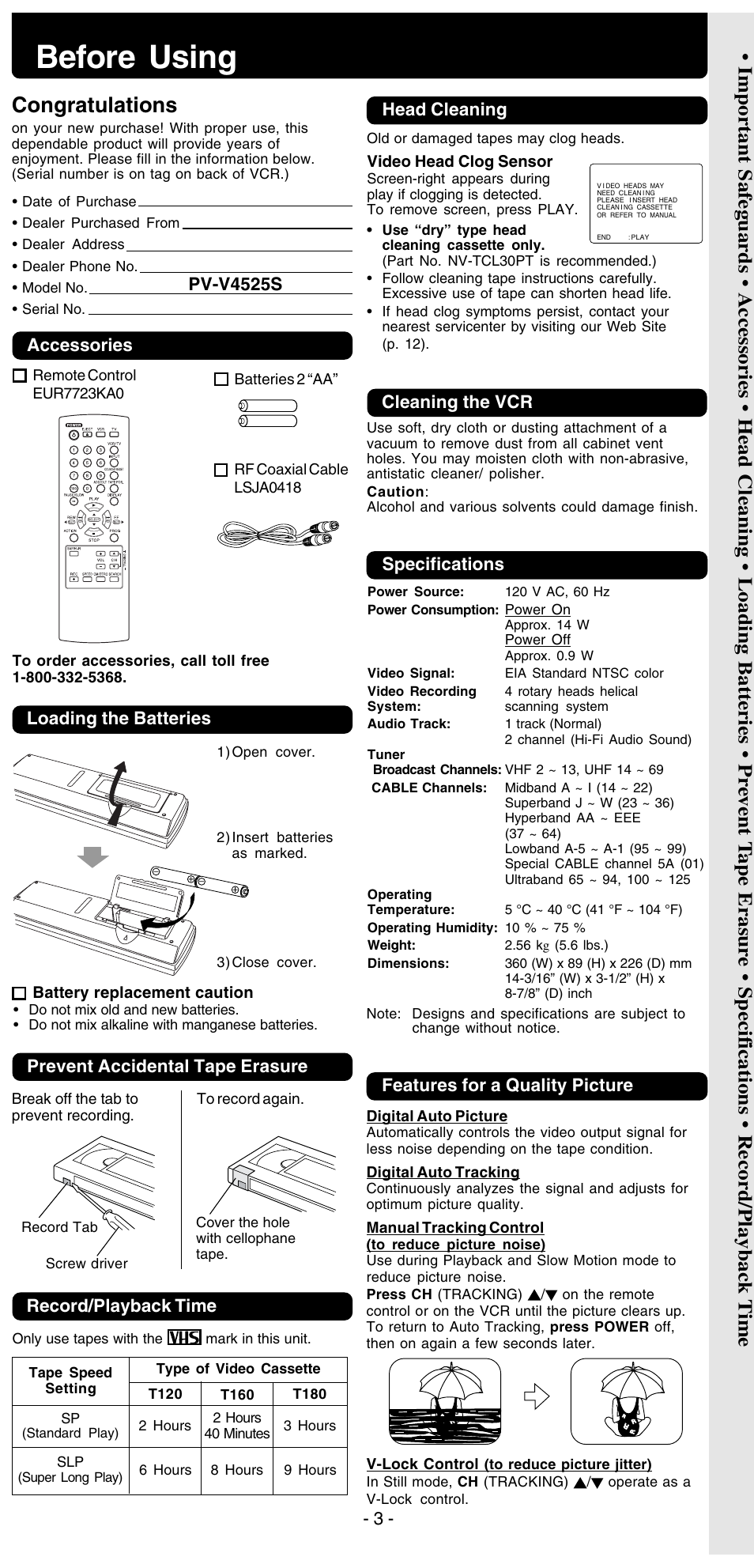 Before using safeguards, Before using, Pv-v4525s | Head cleaning, Accessories, Loading the batteries, Prevent accidental tape erasure, Record/playback time, Features for a quality picture, Cleaning the vcr | Panasonic PV-V4525S User Manual | Page 3 / 24