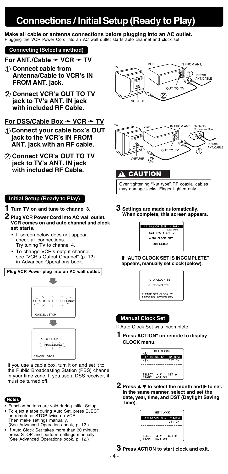 Connections / initial setup (ready to play) | Panasonic PV-V4525S User Manual | Page 4 / 24