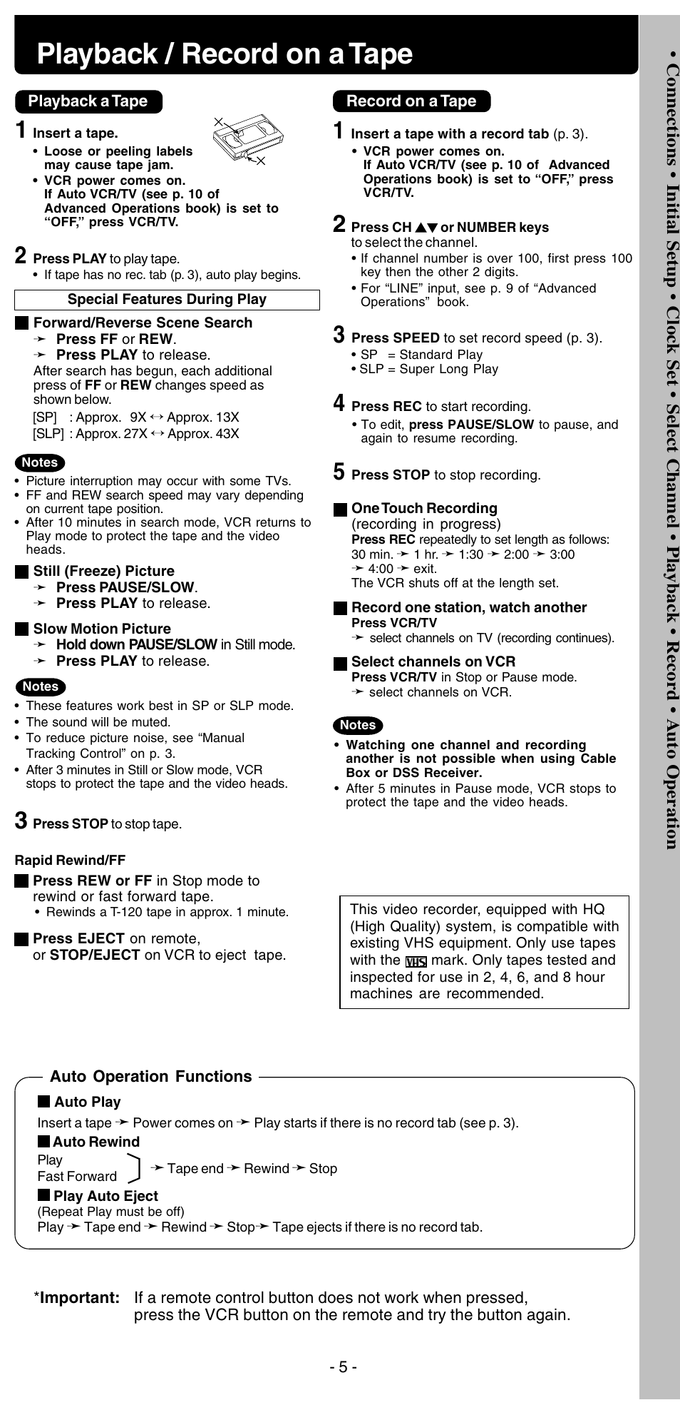 Playback / record on a tape connections, Playback / record on a tape | Panasonic PV-V4525S User Manual | Page 5 / 24