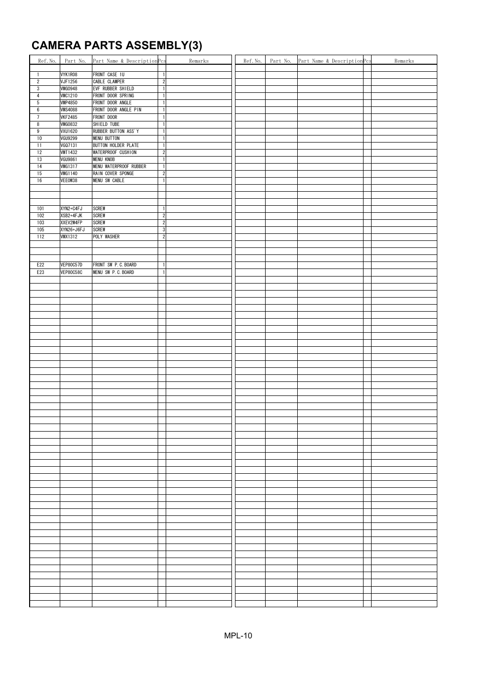 Camera parts assembly(3), Mpl-10 | Panasonic AJ-HPX2000P User Manual | Page 11 / 25