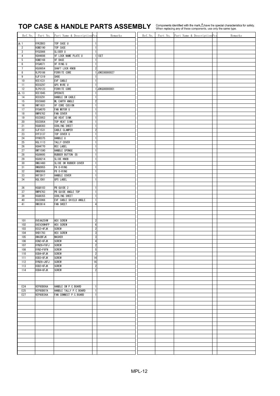 Top case & handle parts assembly, Mpl-12 | Panasonic AJ-HPX2000P User Manual | Page 13 / 25