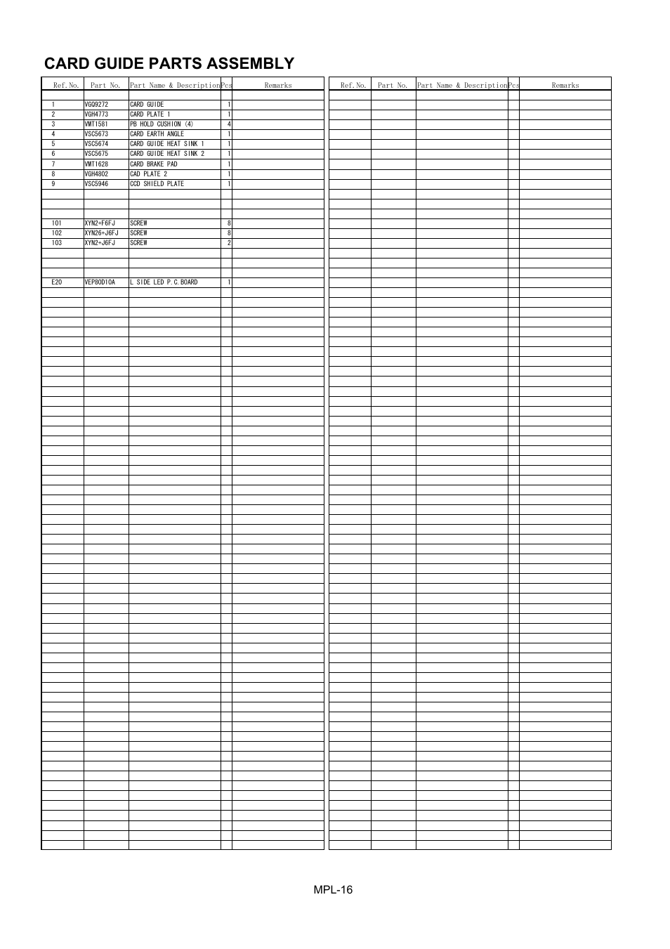 Card guide parts assembly, Mpl-16 | Panasonic AJ-HPX2000P User Manual | Page 17 / 25