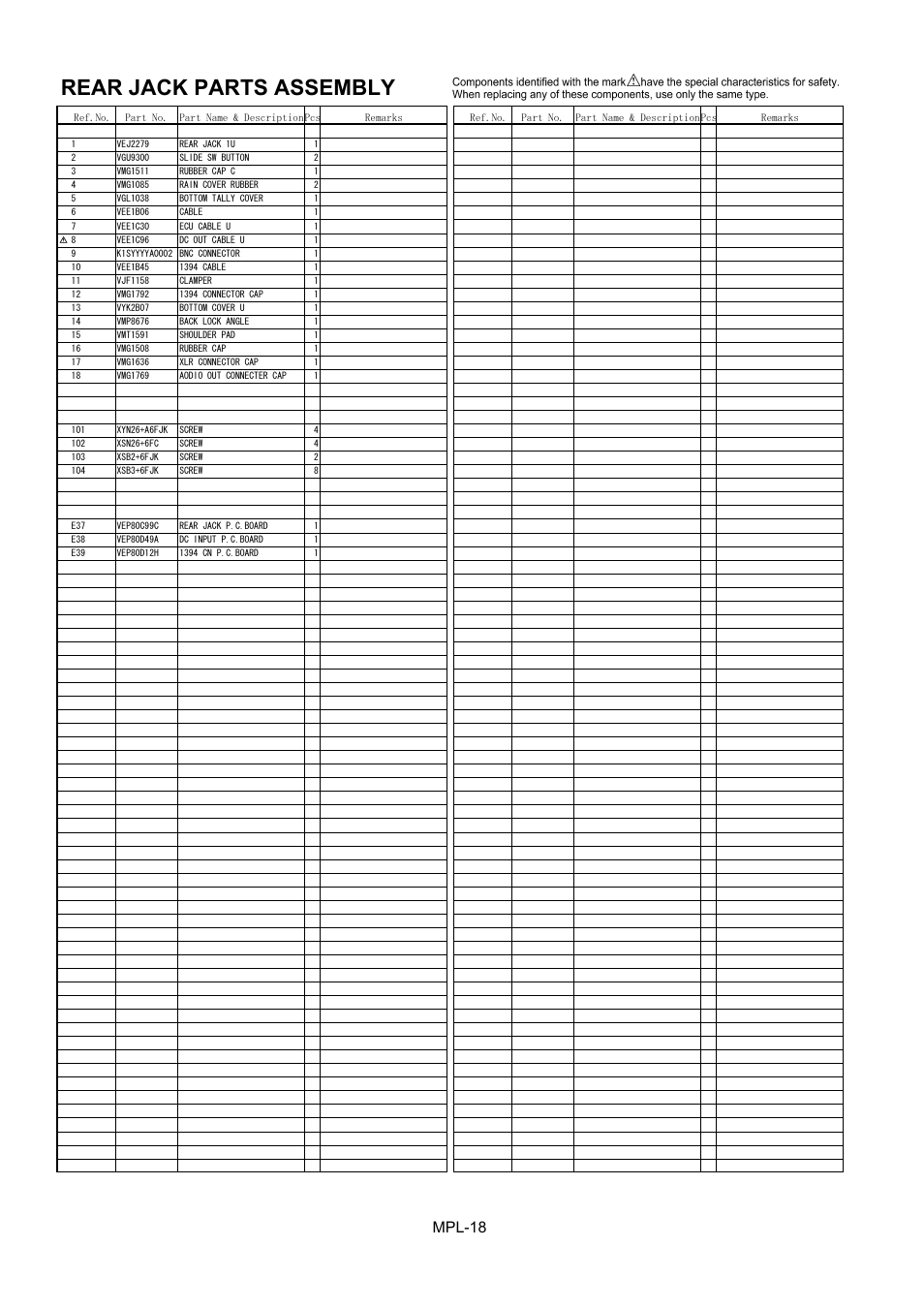 Rear jack parts assembly, Mpl-18 | Panasonic AJ-HPX2000P User Manual | Page 19 / 25